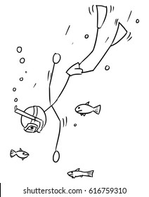 Cartoon vector stick man free diver going deep with fish around on summer vacation holiday