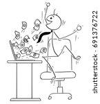 Cartoon vector stick man illustration of happy male businessman jumping because of successful  online business, money coming from the computer screen.
