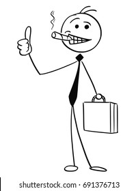 Cartoon vector stick man illustration of successful businessman or seller with big cigar and briefcase smiling and showing thumbs up gesture.