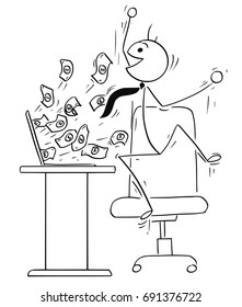 Cartoon vector stick man illustration of happy male businessman jumping because of successful  online business, money coming from the computer screen.