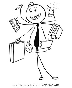 Cartoon vector stick man illustration of successful happy smiling businessman or seller working on many tasks in same time, conceptual idea of man with seven arms.