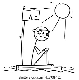 Cartoon vector stick man man lost sitting naked on the piece of wood raft from the ship wreck in the center of the ocean with Sun shining
