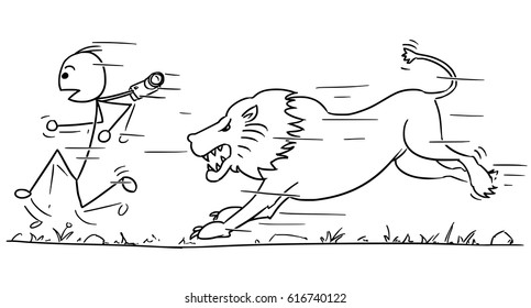 Cartoon Vector Stick Man Male Tourist Is Running Away From Male Lion Pursuing Him