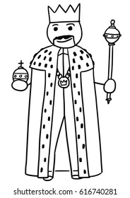 Cartoon vector stick man medieval king is posing in robe gown with royal crown, scepter and apple