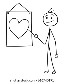 Cartoon vector stick man men is holding a pointer and pointing at heart symbol on the wall sign