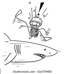 Cartoon vector stick man scuba diver meet large dangerous shark unexpectedly