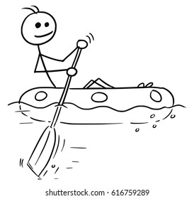 Cartoon vector stick man smiling enjoying sailing a rubber boat