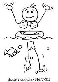 Cartoon vector stick man smiling enjoying relax swimming with inflatable swim ring and waving his hands