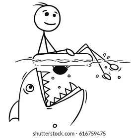Cartoon vector stick man smiling enjoying relax sitting on inflatable swim ring while attacked by large fish or shark
