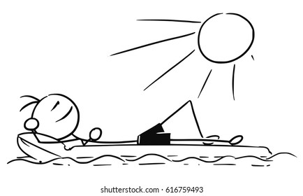 Cartoon vector stick man smiling enjoying sailing a airbed air mattress on summer vacation holiday
