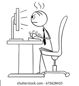 Cartoon vector stick man stickman drawing of Man working typing hard on the desktop computer.