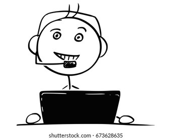 Cartoon vector stick man stickman drawing of male call center customer support service representative