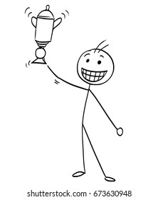 Dibujo de hombre alegre con una gran sonrisa sosteniendo un trofeo de copa ganadora.
