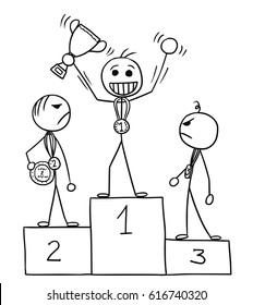 Cartoon vector stick man three males standing on the winners' podium rostrum, winner is enjoying and celebrating, losers are watching him in anger