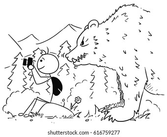 Cartoon vector stick man tourist is sitting on the rock taking a picture with camera in mountain while large huge bear stand behind him