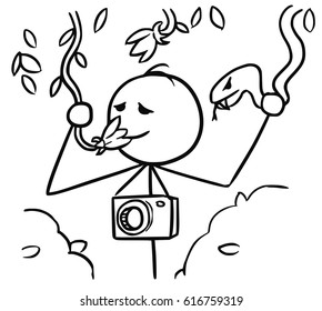 Cartoon vector stick man tourist with camera smelling liana flower in jungle forest and holding a snake by mistake instead of a flower