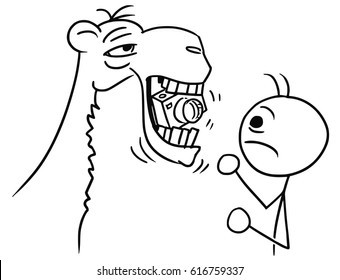 Cartoon vector stick man tourist watching a camel eating his camera