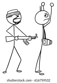 Cartoon vector stick man tourist with camera is kidnapped or attacked by AK gunmen and holding hands up
