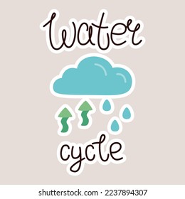 Cartoon vector Sticker with Cloud, evaporation and drops, lettering Water cycle.