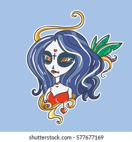 cartoon vector sticker with dead girl on blue background