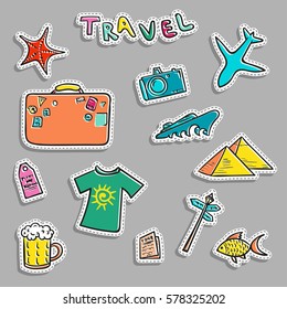 Cartoon vector stickers - travel collection. Adventure set.