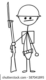 Cartoon vector stickman british world war one WWI WW1 soldier with riffle and helmet