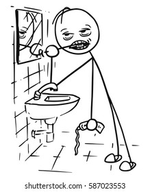 Cartoon vector stickman cleaning his tooth in the bathroom in front of the mirror. Very tired or sick or drunk.