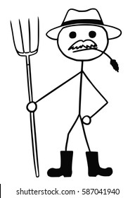 Cartoon vector stickman farmer with fork and hat