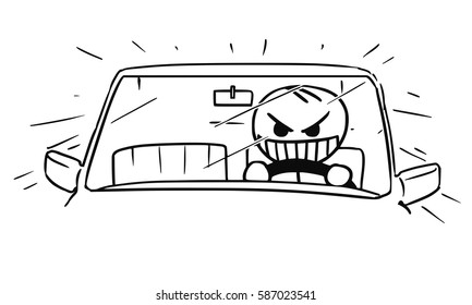 Cartoon vector stickman of mad crazy insane raging man driving a car fast