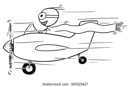 Cartoon vector stickman man flying in small propelled airplane smiling.