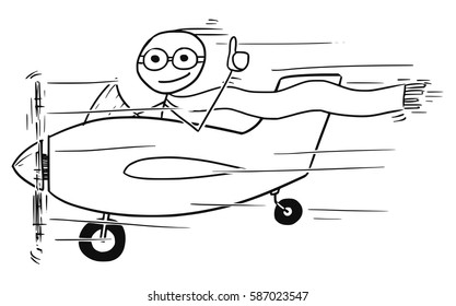 Cartoon vector stickman man flying in small propelled airplane showing thumb up and smiling.