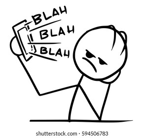 Cartoon vector stickman man tired and bored of long boring phone call, it say blah