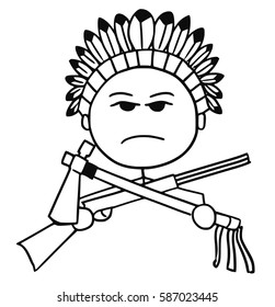 Cartoon vector stickman of native Indian tribal chieftain with rifle and tomahawk.