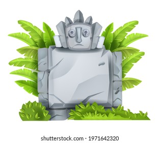 Cartoon vector stone sign board, maya game ui rock element, maya totem face, jungle leaves, bushes. Nature tropical ancient cracked ruin, environment object isolated on white. Square broken stone sign