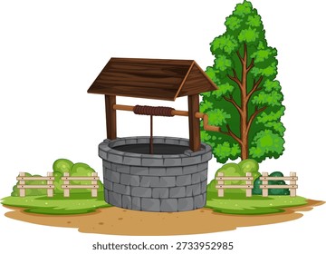 Vector de dibujos animados de pozo de agua de piedra, techo de madera, árbol y valla en la escena de la luz del día