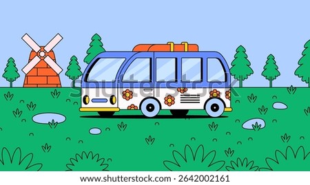 Cartoon vector style illustration of a retro travel bus with floral decorations parked in a green countryside. A windmill and pine trees complete the peaceful and vibrant outdoor scene.