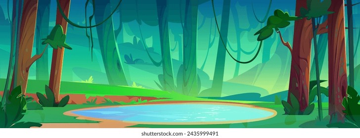 Cartoon Vektor Sommer Waldlandschaft mit See. Kleiner Teich mit blauem klarem Wasser, Ufer mit grünem Gras, Bäume mit Moos und Büsche. Frühlingspanoramische Naturszene des Waldes mit Stausee.