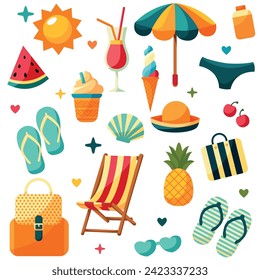 Cartoon vector summer set with beach elements. Summertime vibes, stickers. Fruits, bags, clothes and cocktails