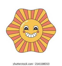 Caricatura vectorial de carácter solar con expresión facial. Cara retro con sonrisa. Pegatina de época. Emoji colorido y divertido al estilo groovic