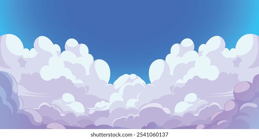 cartoon vector of a sunny summer sky with fluffy, curve-shaped clouds in a blue and pink gradient, perfect for cheerful backgrounds and vibrant designs in clear weather.