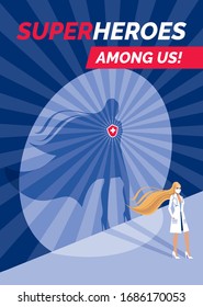 Cartoon vector superhero woman. Female doctor with a red cape and an emblem on her chest. Shadow on the wall. Poster, label, advertisement,  banner, flyer. Medical man is a superwoman.