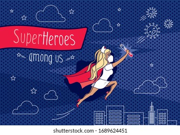 Cartoon vector superhero woman flies with a vaccine over the city rooftops. Coronavirus 2019-nKoV. Female doctor with a red cape. Poster, label, advertisement, banner, flyer. Fight the virus. Medic.