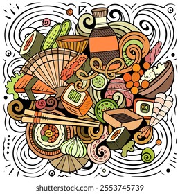 Cartoon vector Sushi doodle chalkboard illustration features a variety of Japanese Cuisine objects and symbols. Bright colors whimsical funny picture.