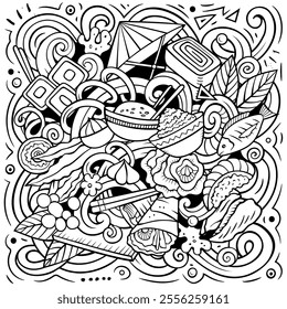Cartoon vector Sushi doodle chalkboard illustration features a variety of Japanese Cuisine objects and symbols. Sketchy whimsical funny picture.