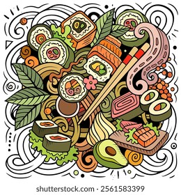 Cartoon vector Sushi doodle chalkboard illustration features a variety of Japanese Cuisine objects and symbols. Bright colors whimsical funny picture.