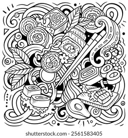 Cartoon vector Sushi doodle chalkboard illustration features a variety of Japanese Cuisine objects and symbols. Sketchy whimsical funny picture.