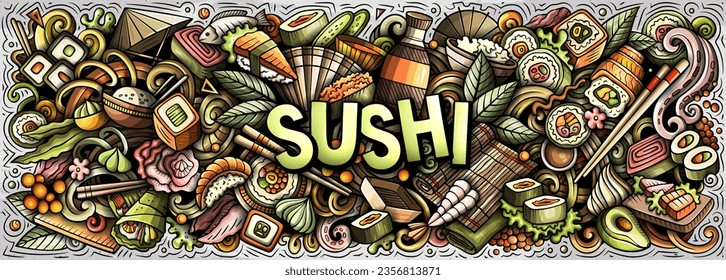 Cartoon vector Sushi doodle illustration features a variety of Japanese Cuisine objects and symbols. Bright colors whimsical funny picture.