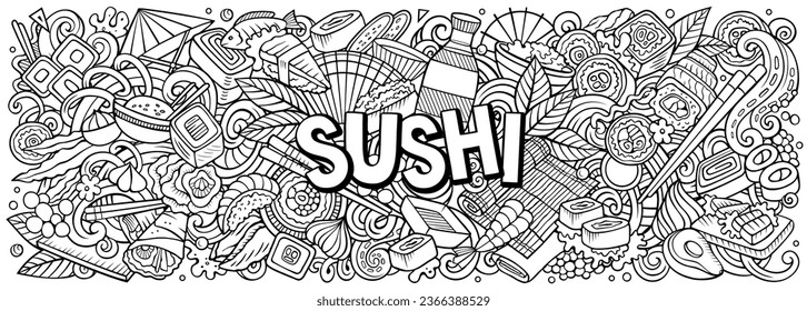 Cartoon vector Sushi doodle illustration features a variety of Japanese Cuisine objects and symbols. Sketchy whimsical funny picture.