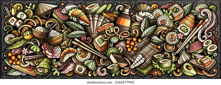 Cartoon vector Sushi doodle illustration features a variety of Japanese Cuisine objects and symbols. Bright colors whimsical funny picture.