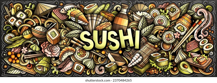 Cartoon vector Sushi doodle illustration features a variety of Japanese Cuisine objects and symbols. Bright colors whimsical funny picture.